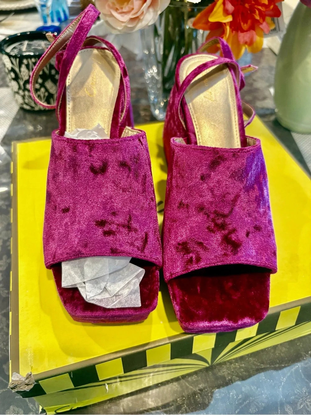 Circus NY Crushed Velvet Platform Wedge Sandals in Magenta 8
